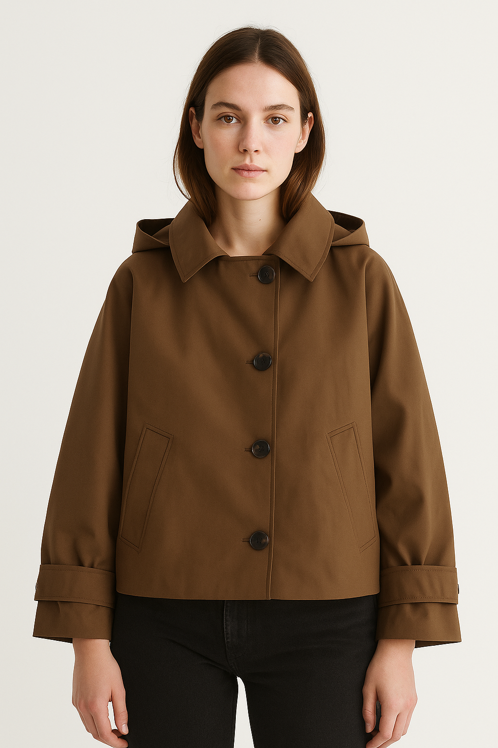 Krótki damski płaszcz z wysokim kołnierzem w kolorze camel