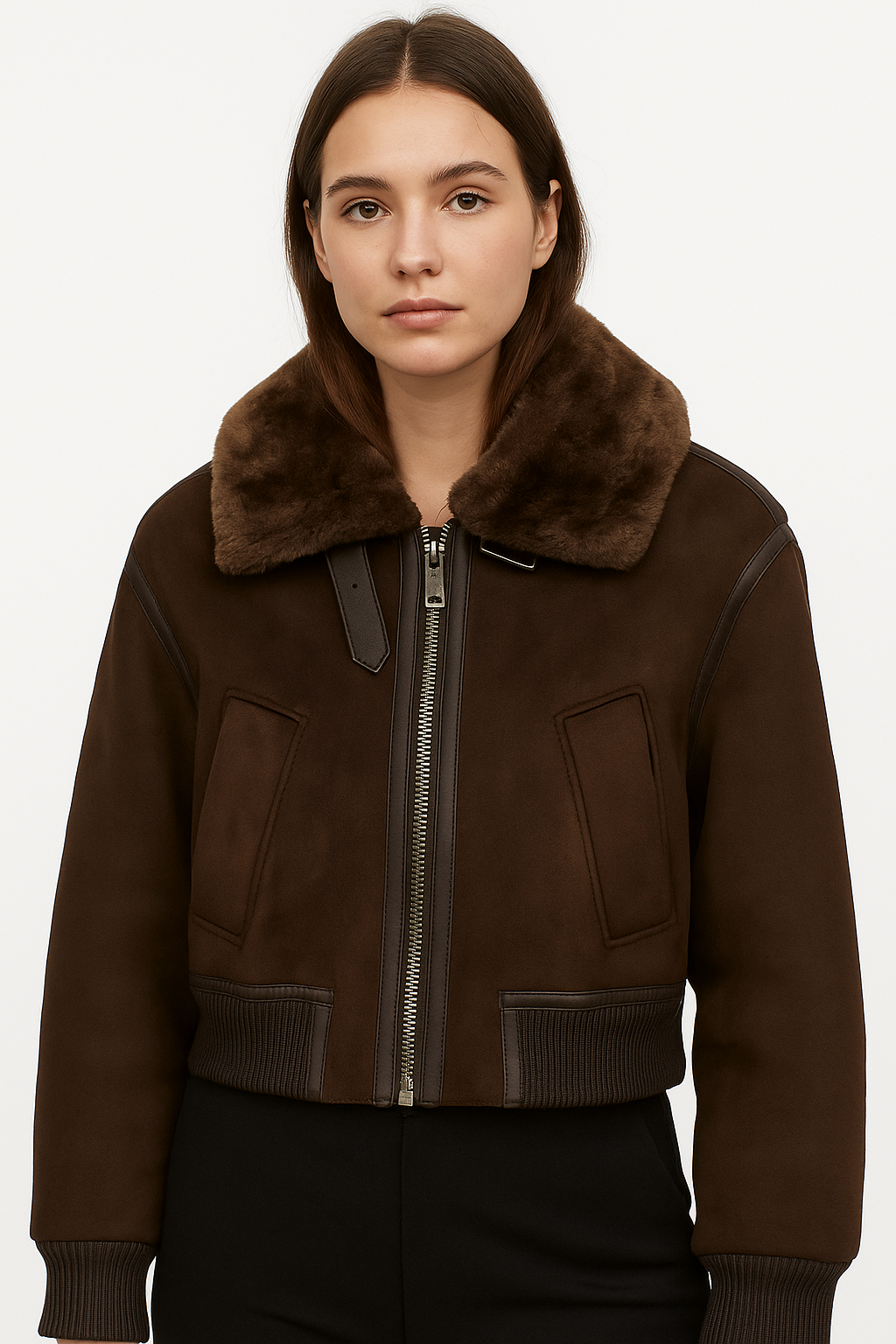 Krótki damski płaszcz ze stójką w ciemnobrązowym kolorze