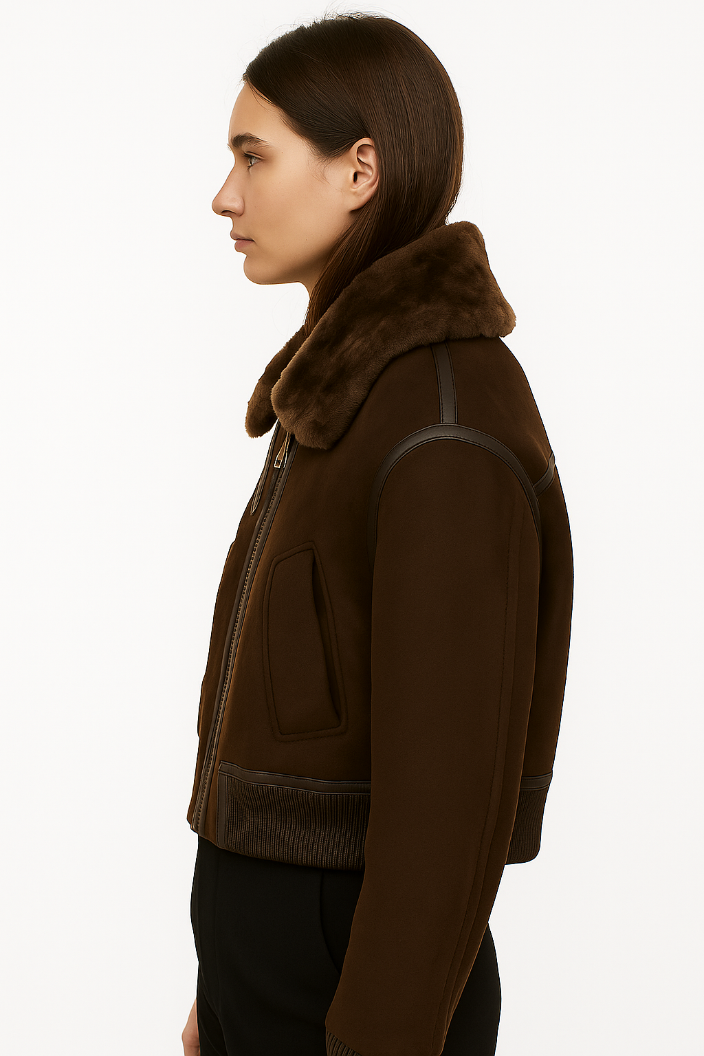 Krótki damski płaszcz ze stójką w ciemnobrązowym kolorze