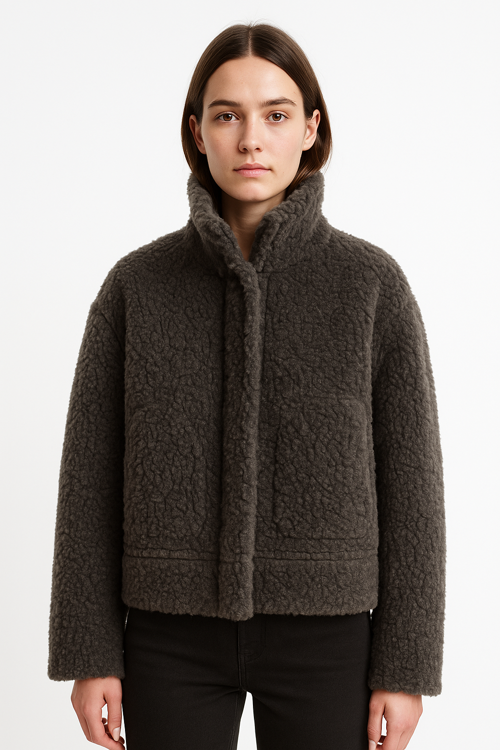 Damski płaszcz z stójką o miękkiej, pluszowej strukturze w ciemnym brązie