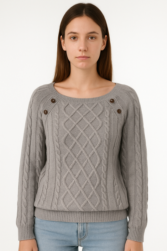 Damski, dzianinowy sweter z okrągłym dekoltem w kolorze szarym