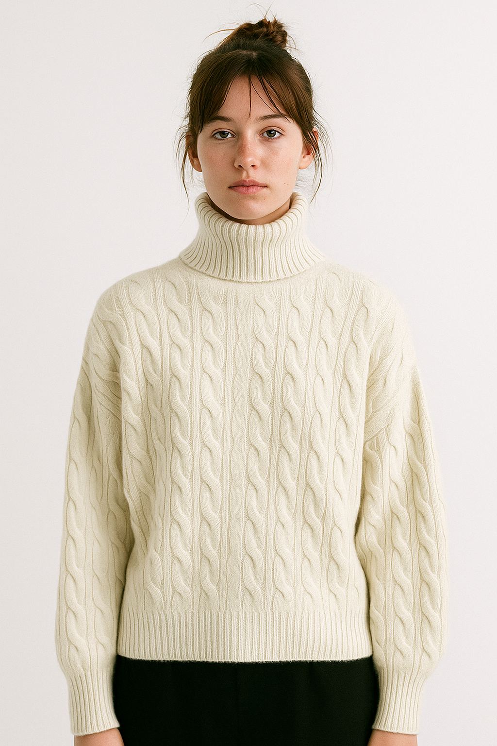 Damski, dzianinowy sweter z golfem i wzorem warkoczowym w kolorze kremowym