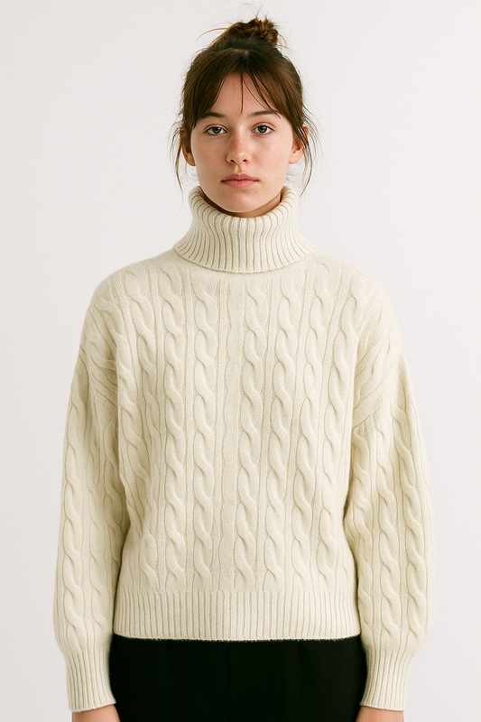 Damski, dzianinowy sweter z golfem i wzorem warkoczowym w kolorze kremowym