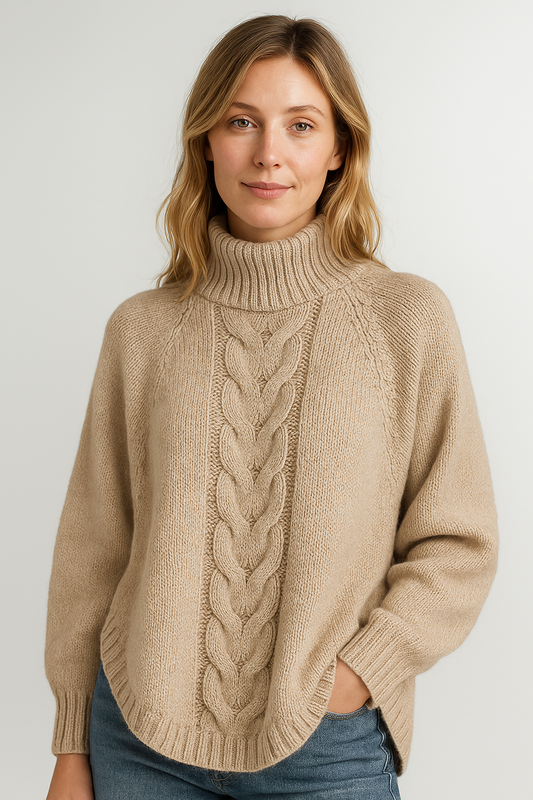 Damski, dzianinowy sweter z golfem i grubym splotem warkoczowym w kolorze beżowym