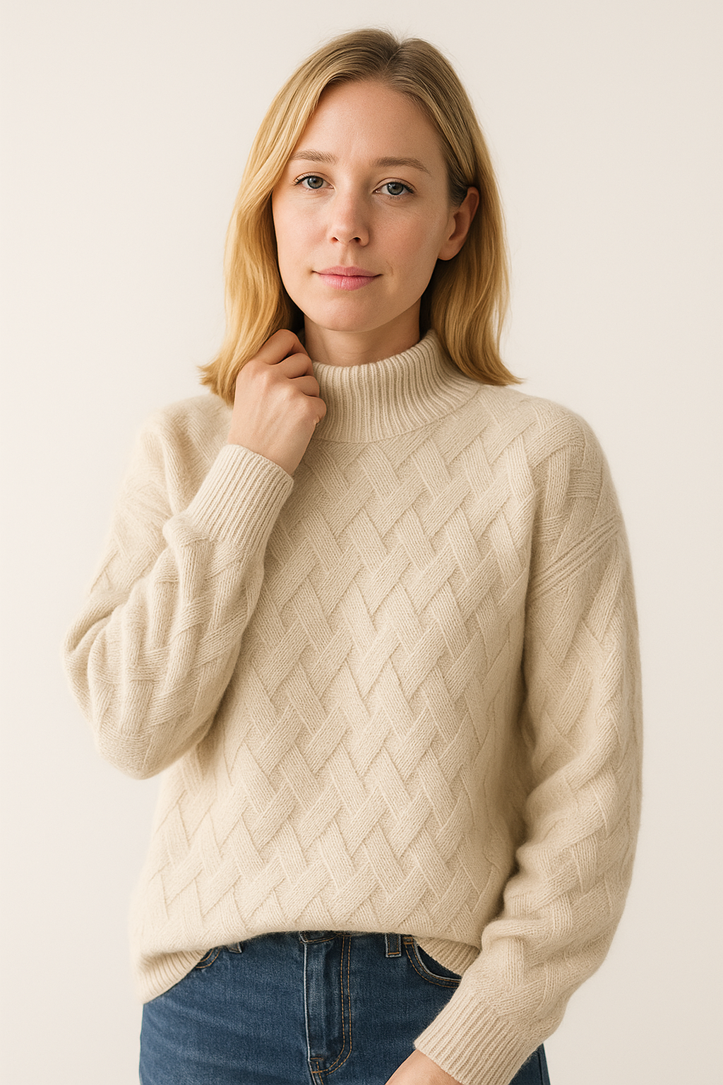 Damski sweter o tkanej strukturze w kolorze kremowym