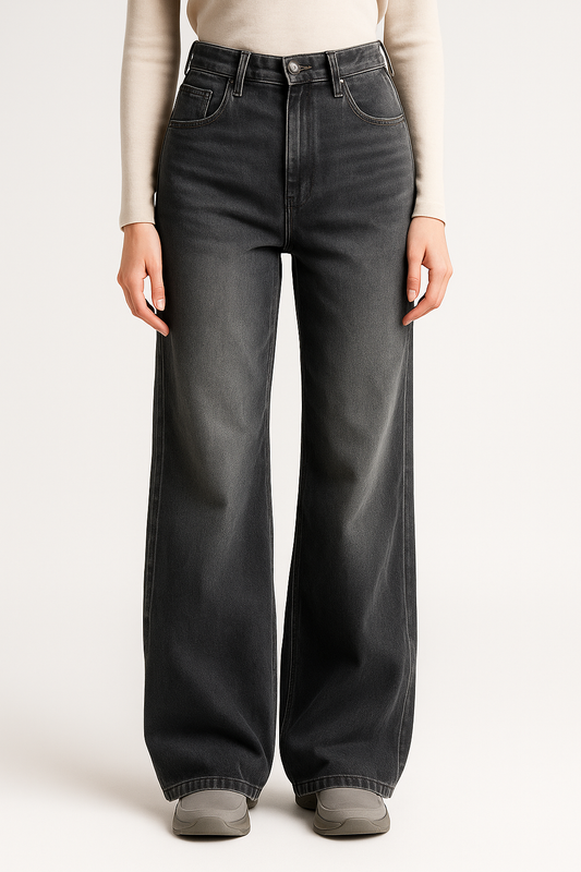 Ciemnoszare damskie jeansy z wysokim stanem i szerokimi nogawkami