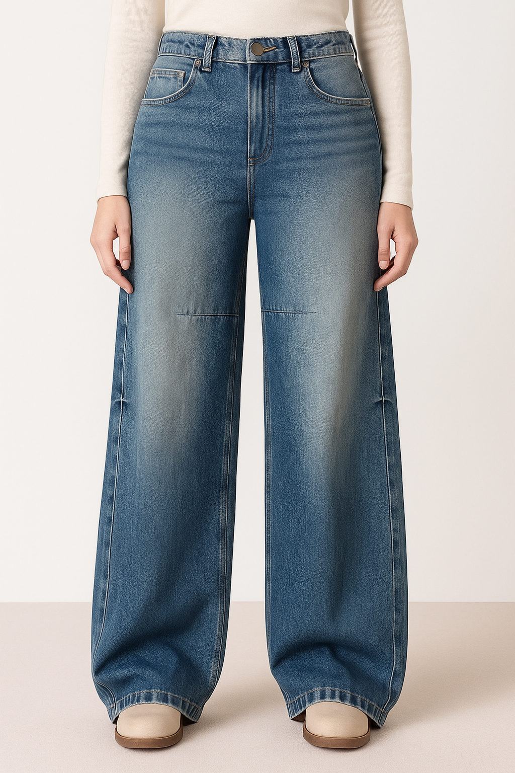 Niebieskie damskie jeansy z wysokim stanem i szerokimi nogawkami