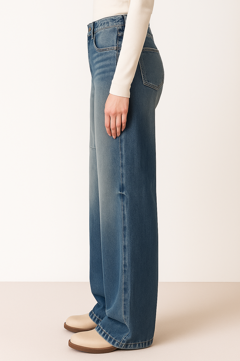 Niebieskie damskie jeansy z wysokim stanem i szerokimi nogawkami