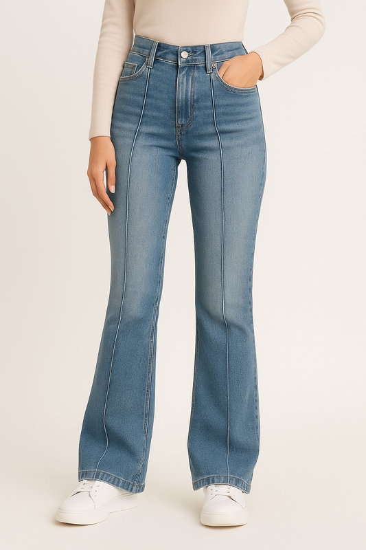 Niebieskie damskie jeansy z wysokim stanem i przeszywanymi zaprasowanymi fałdami