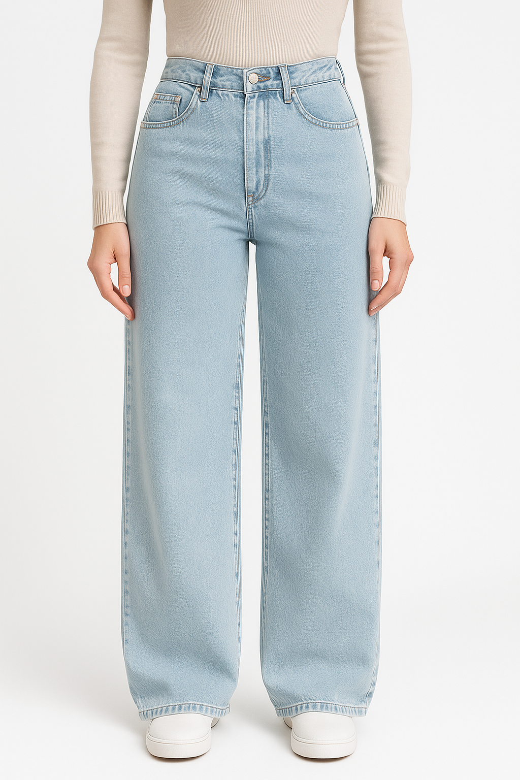 Jasnoniebieskie damskie jeansy z wysokim stanem i szerokimi nogawkami