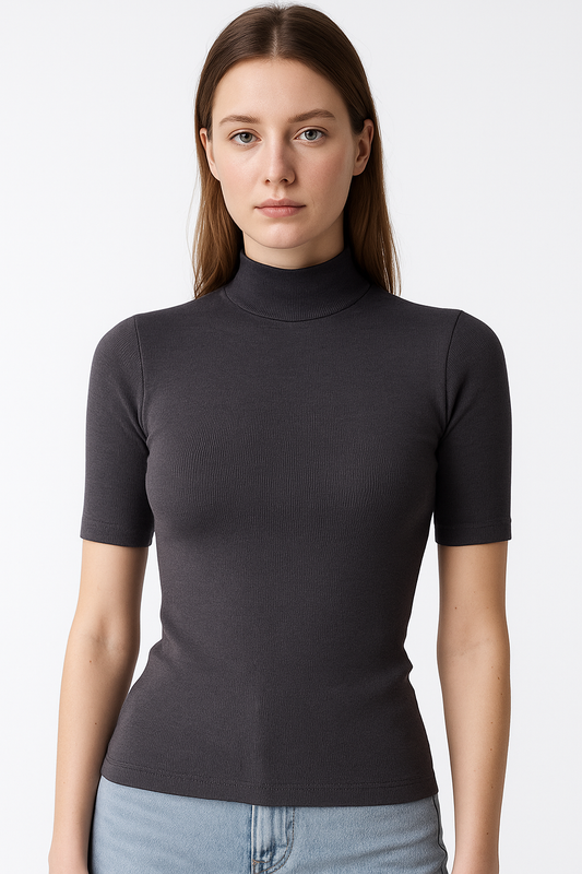 Ciemnoszary damski top z krótkim golfem i półdługimi rękawami