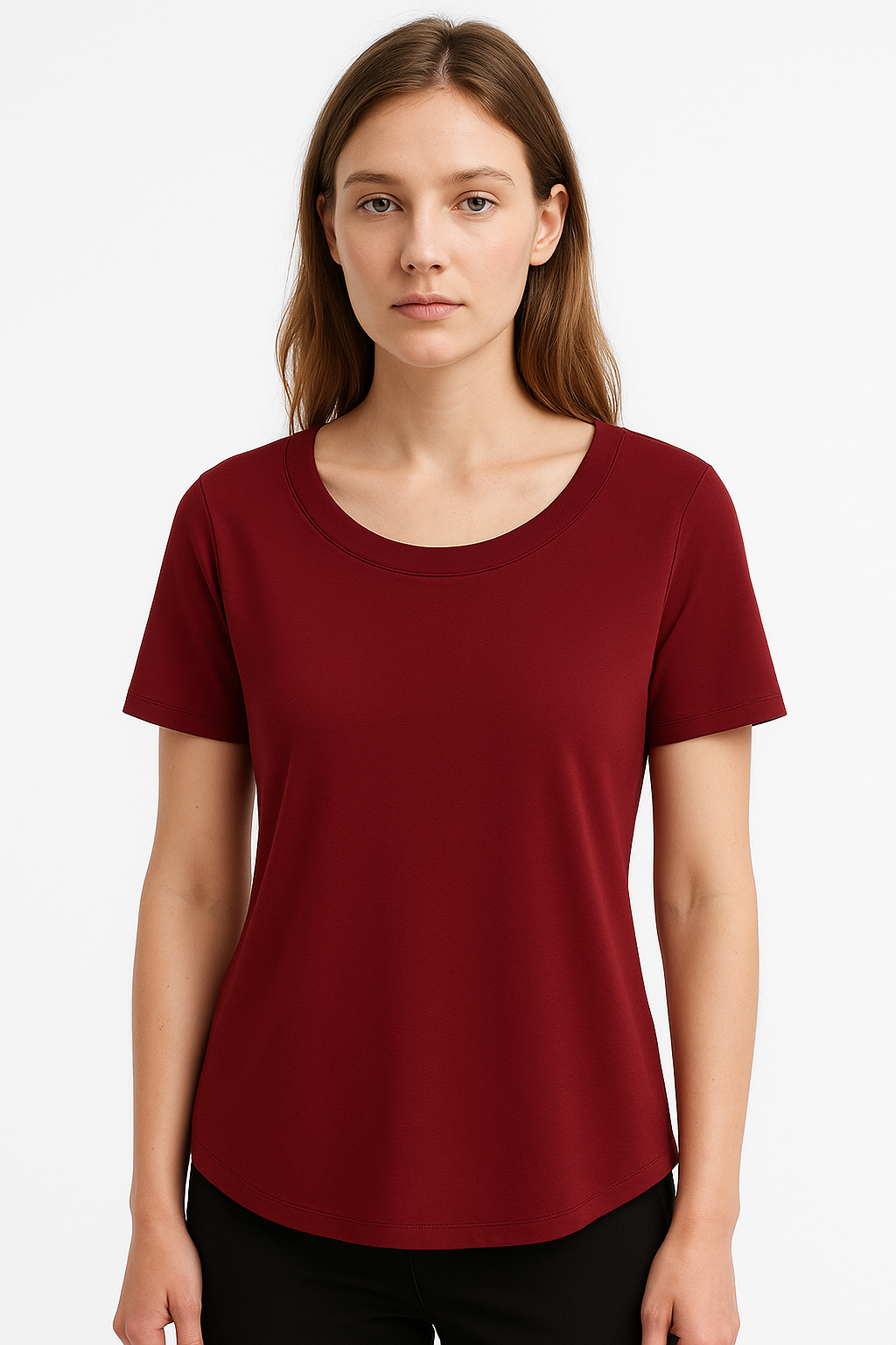 Damski T-shirt w kolorze burgundowym z okrągłym dekoltem i krótkim rękawem