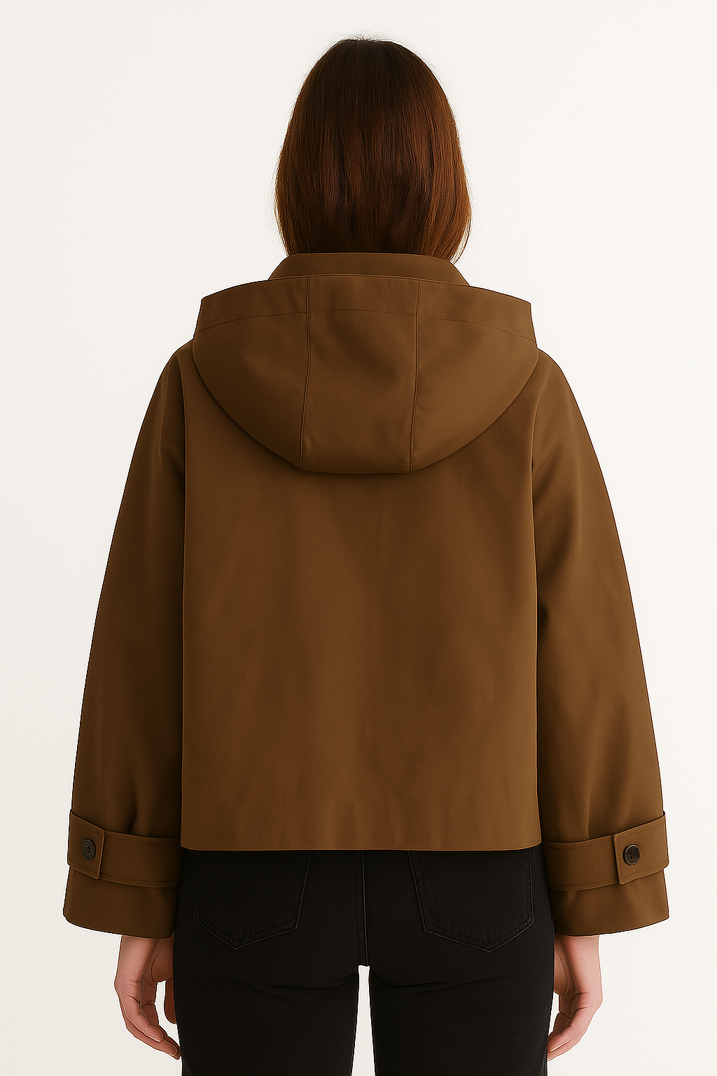 Damski krótki płaszcz w kolorze camel z wysokim kołnierzem