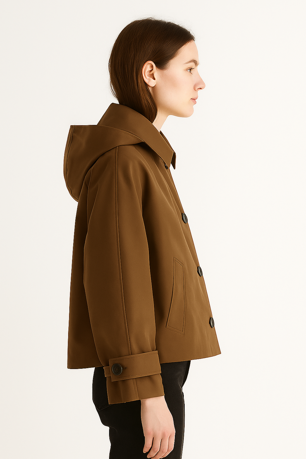 Damski krótki płaszcz w kolorze camel z wysokim kołnierzem