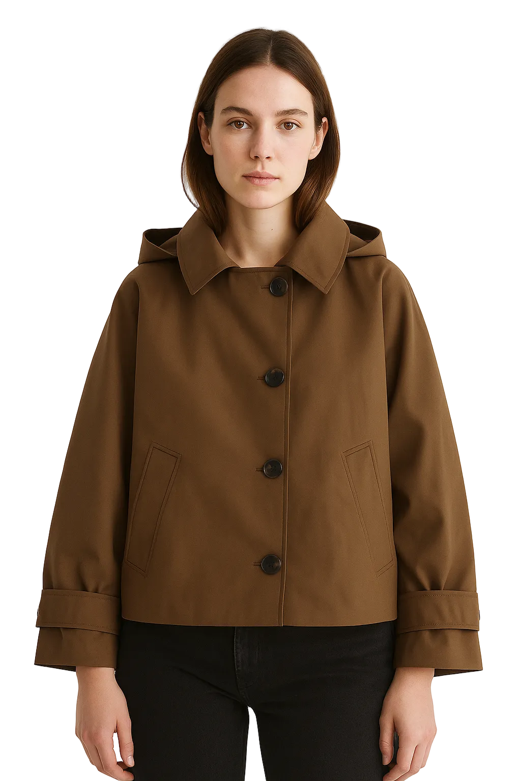 Damski krótki płaszcz w kolorze camel z wysokim kołnierzem