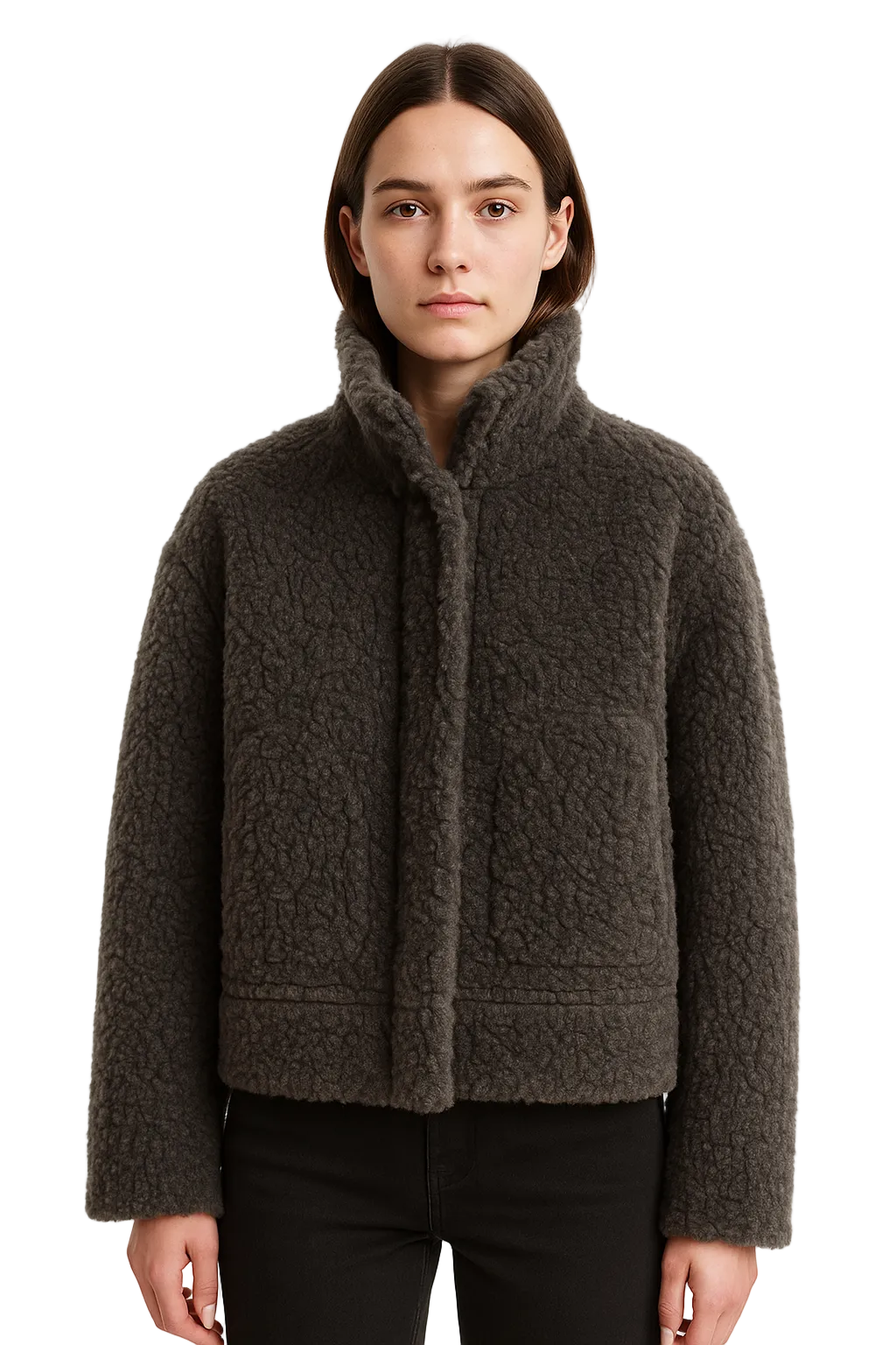 Damski krótki płaszcz z pluszowej tkaniny typu teddy