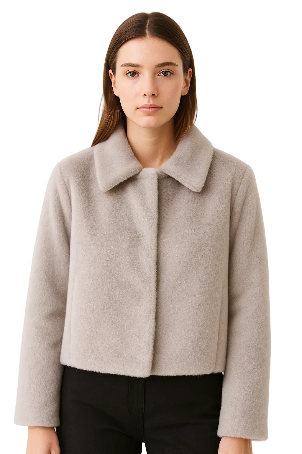 Damski krótki płaszcz z tkanego poliestru z płaskim kołnierzem