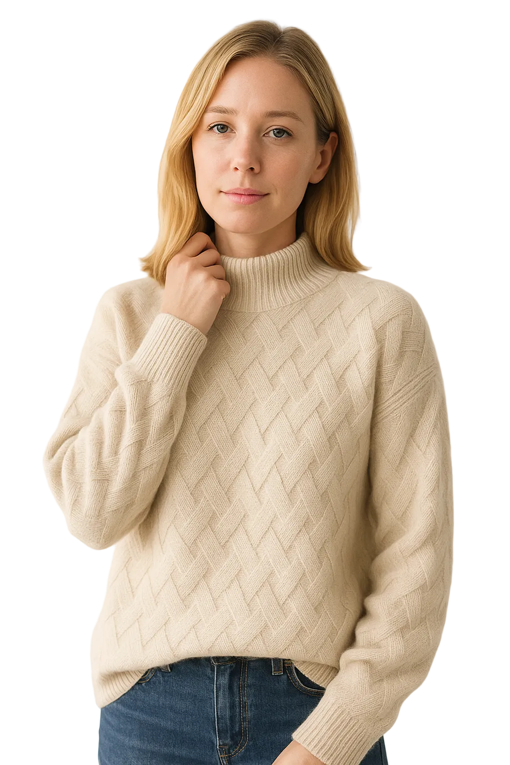 Damski sweter z dzianiny z tkanym wzorem i stójką