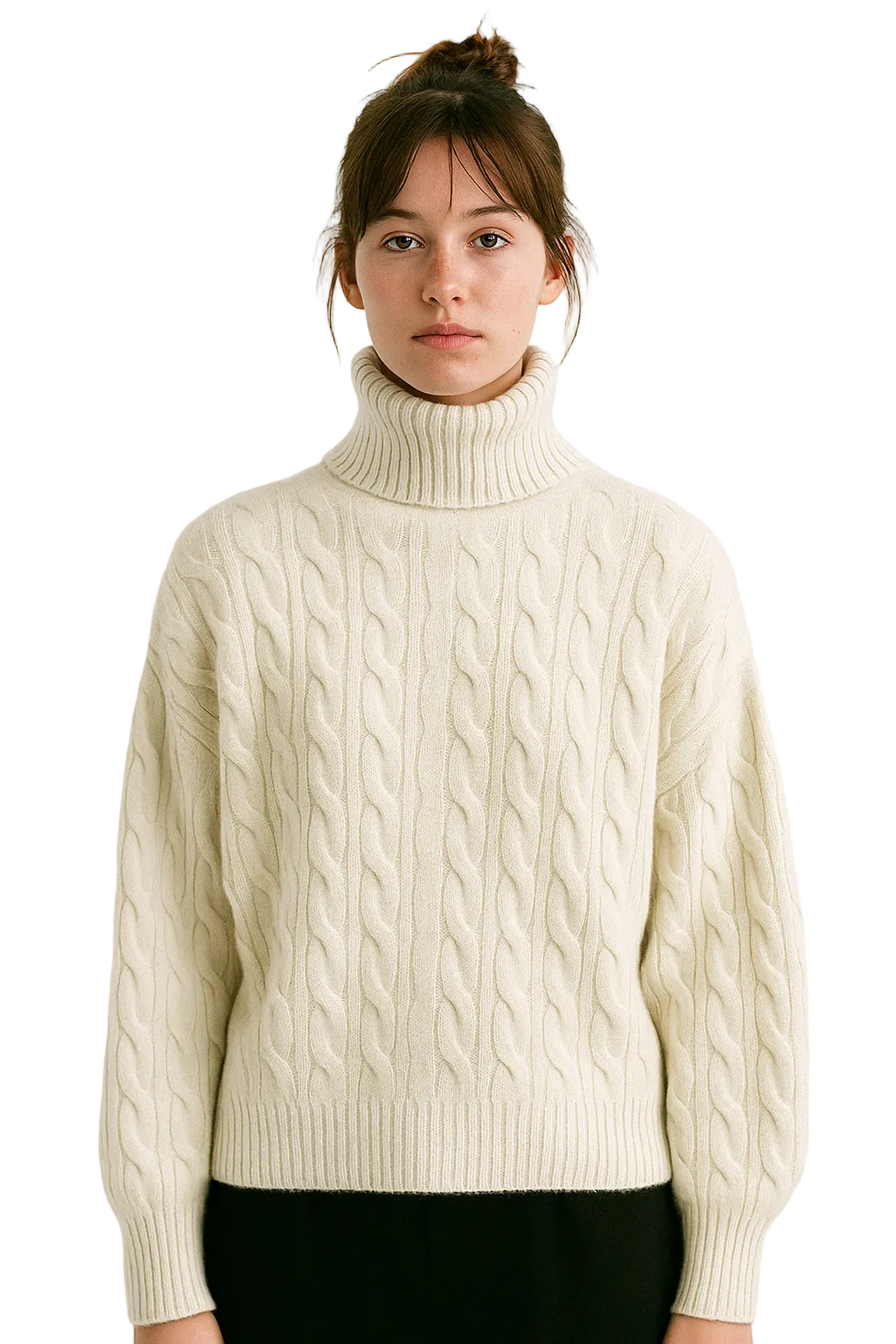 Damski sweter z golfem i pełnym splotem warkoczowym