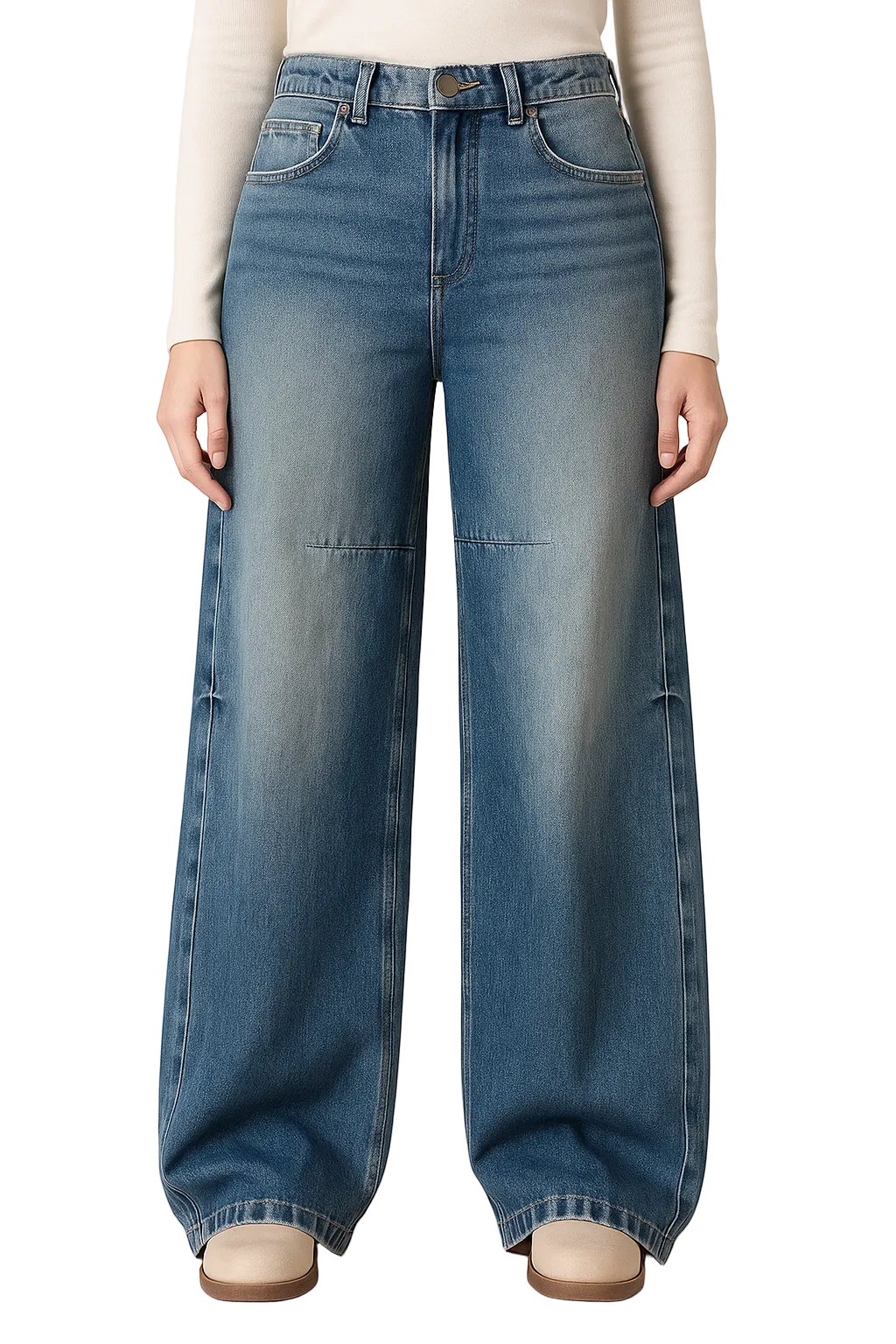 Damskie jeansy z wysokim stanem i bardzo szerokimi nogawkami