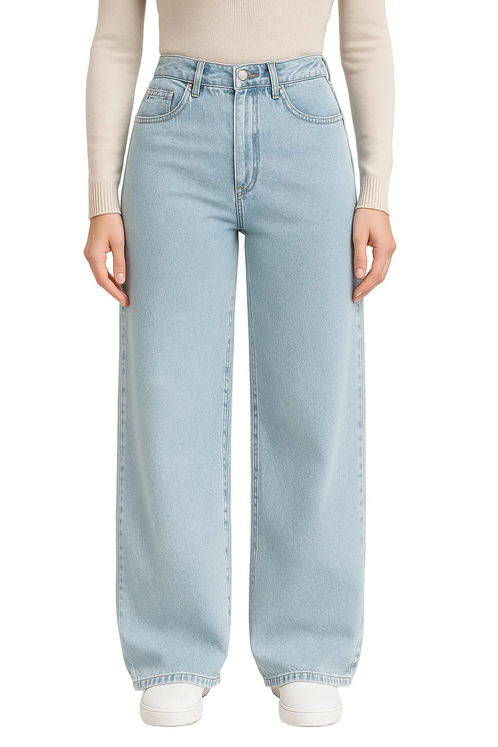 Damskie jeansy z wysokim stanem i bardzo szerokimi nogawkami