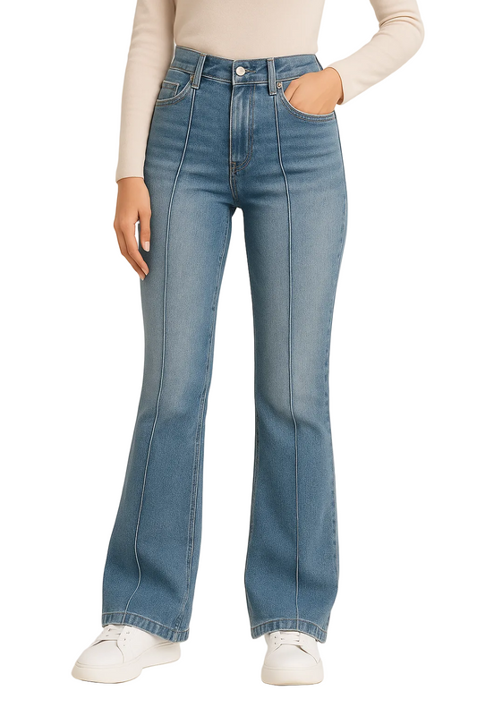 Damskie jeansy z wysokim stanem i zaprasowanymi fałdami